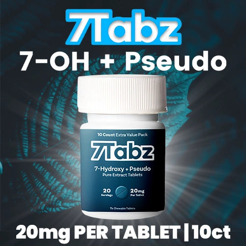 7tabz 7OH and pseudo tablets - blue and white tablet bottle against dark blue background