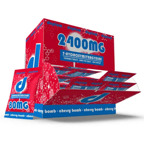 Red and blue packaging of 80mg chewable tablets on a white background