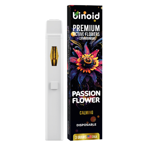Binoid Active Flowers Disposable Vape Pen, mushroom extract vape, flower extract, thca, delta 9p, colorful box with passion flower next to white vape pen, calming, passion flower, 3g