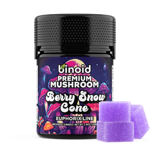 Binoid Mushroom Gummies Microdose, euphorix line, magic mushroom gummies, mushroom gummies, mushroom microdose, Ashwaganda, Reishi, Chaga, Lions Mane, colorful black jar with text and mushrooms next to purple square gummies, berry snow cone