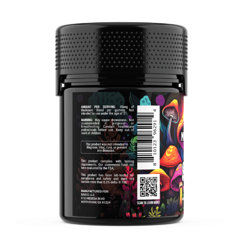 Binoid Mushroom Gummies Microdose, euphorix line, magic mushroom gummies, mushroom gummies, mushroom microdose, Ashwaganda, Reishi, Chaga, Lions Mane, back of colorful black jar with text, nutrition facts