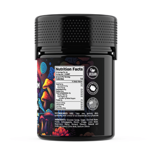 Binoid Mushroom Gummies Microdose, euphorix line, magic mushroom gummies, mushroom gummies, mushroom microdose, Ashwaganda, Reishi, Chaga, Lions Mane, side of colorful black jar with text, nutrition facts