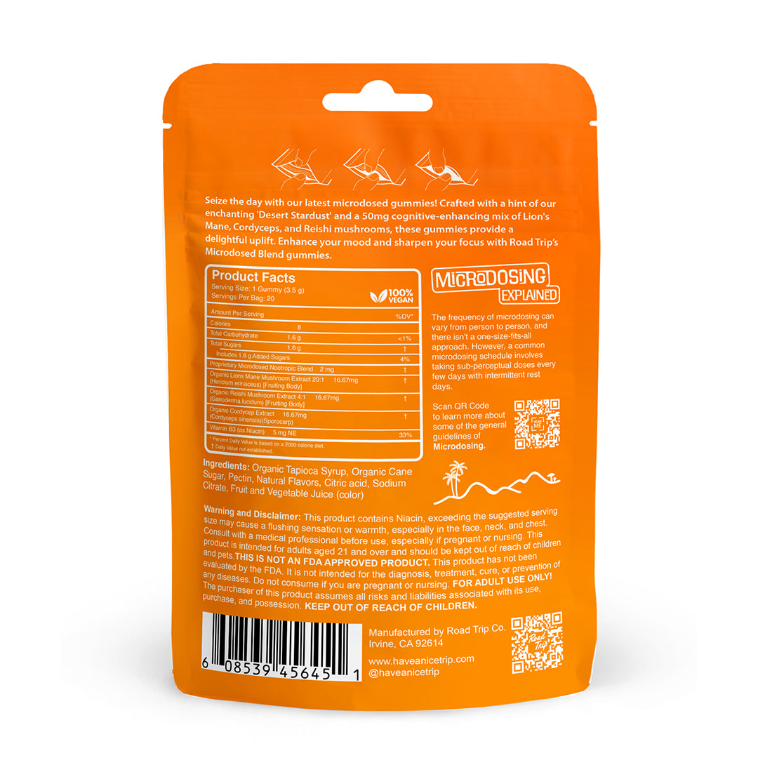 Road Trip Microdosed Gummies + Functional Mushroom Gummies, magic mushroom gummies, mushroom gummies, mushroom extracts, mushroom microdose, back of orange and white bag with text, microdose
