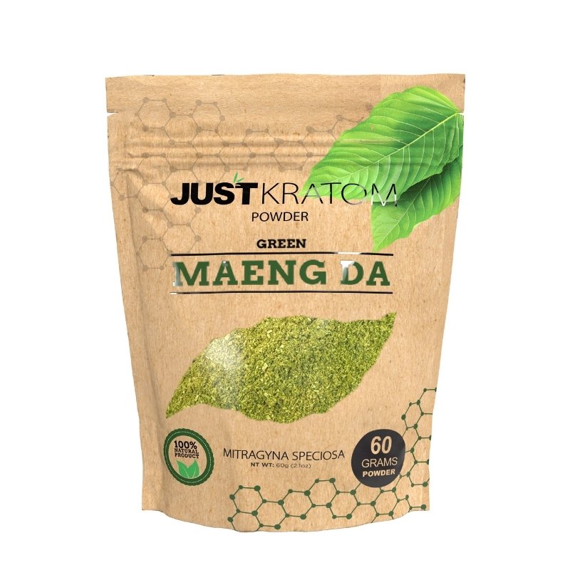 JustKratom Green Maeng Da Kratom Powder, green maeng da, kratom powder, green maeng da kratom powder, brown bag with green kratom leaf and green text, mitragyna speciosa, 60 grams