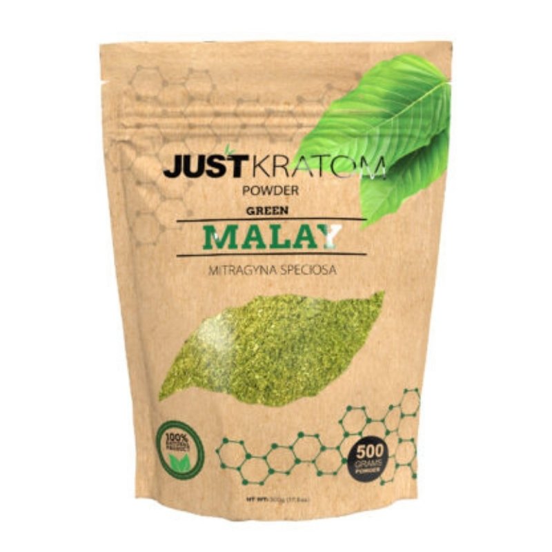 JustKratom Green Malay Kratom Powder, green malay, kratom powder, green malay kratom powder, brown bag with green kratom leaf and green text, mitragyna speciosa, 500 grams