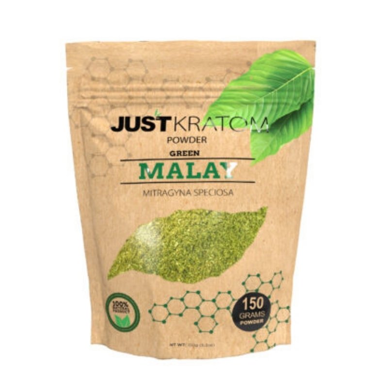 JustKratom Green Malay Kratom Powder, green malay, kratom powder, green malay kratom powder, brown bag with green kratom leaf and green text, mitragyna speciosa, 150 grams