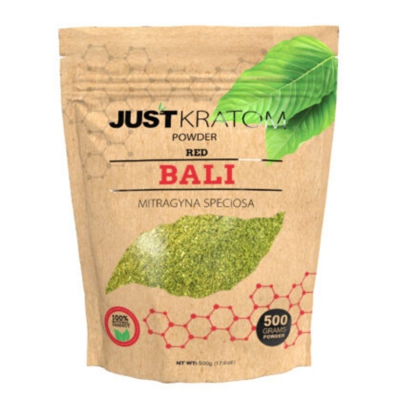 JustKratom Red Bali Kratom Powder, red bali, kratom powder, red bali kratom powder, brown bag with green kratom leaf and red text, mitragyna speciosa, 500 grams