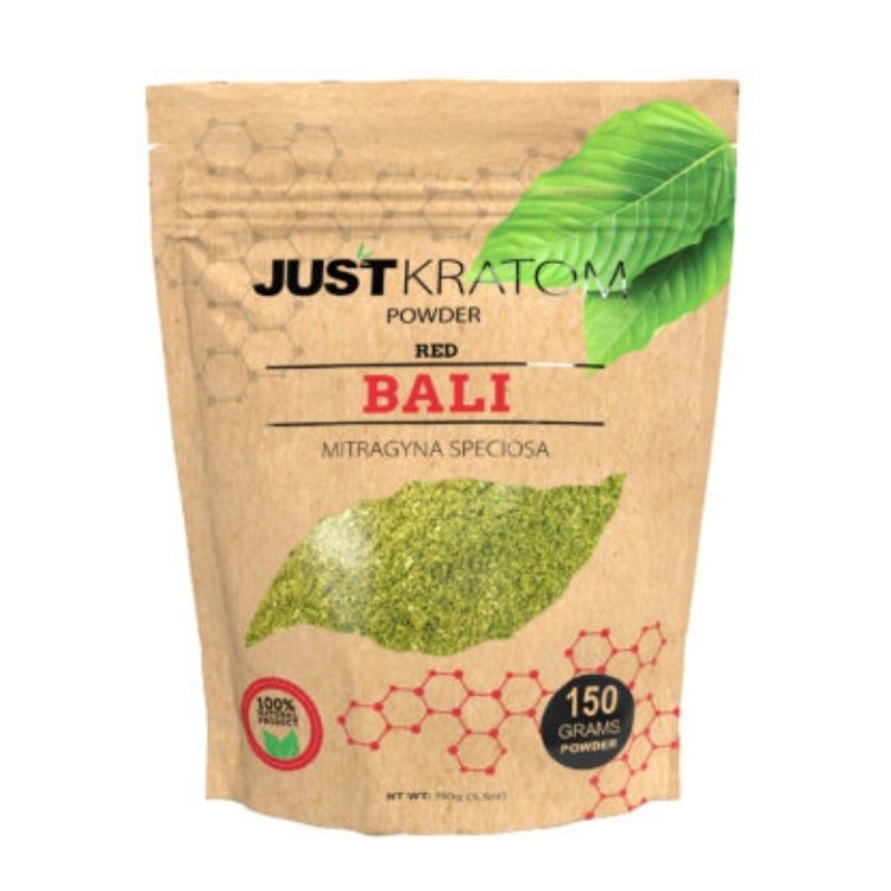 JustKratom Red Bali Kratom Powder, red bali, kratom powder, red bali kratom powder, brown bag with green kratom leaf and red text, mitragyna speciosa, 150 grams