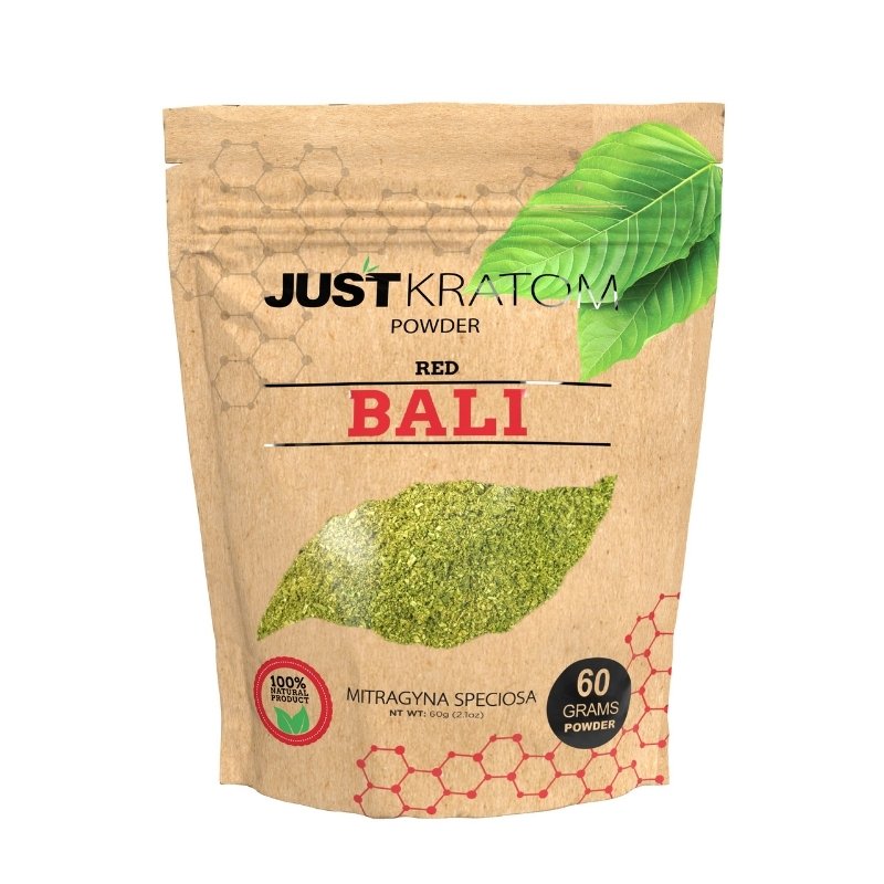 JustKratom Red Bali Kratom Powder, red bali, kratom powder, red bali kratom powder, brown bag with green kratom leaf and red text, mitragyna speciosa, 60 grams