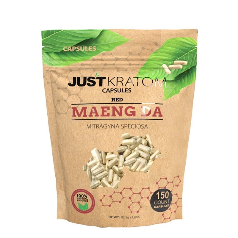 JustKratom Red Maeng Da Kratom Capsules, red maeng da, kratom capsules, red maeng da kratom capsules, brown bag with green kratom leaf and red text, mitragyna speciosa, 150 count