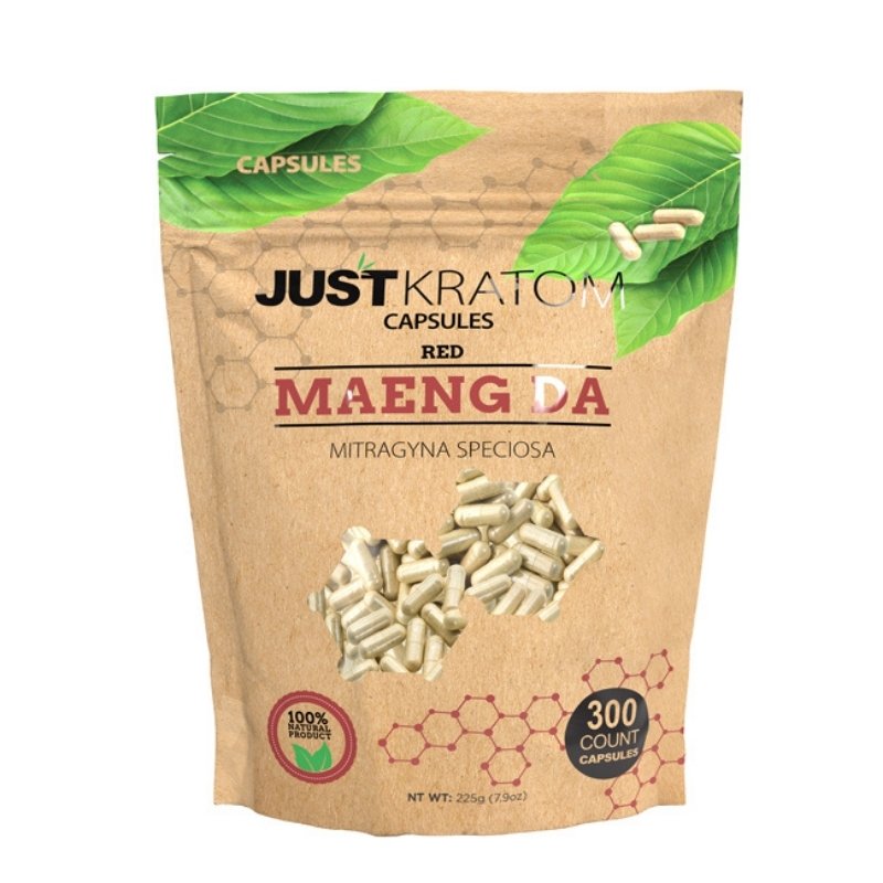 JustKratom Red Maeng Da Kratom Capsules, red maeng da, kratom capsules, red maeng da kratom capsules, brown bag with green kratom leaf and red text, mitragyna speciosa, 300 count