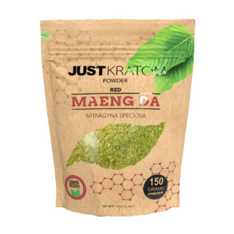 JustKratom Red Maeng Da Kratom Powder, red maeng da, kratom powder, red maeng da kratom powder, brown bag with green kratom leaf and red text, mitragyna speciosa, 150 grams