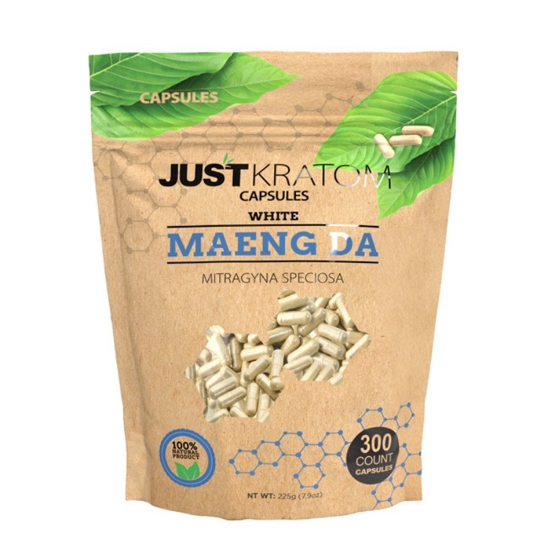 JustKratom White Maeng Da Kratom Capsules, white maeng da, kratom capsules, white maeng da kratom capsules, brown bag with green kratom leaf and blue text, mitragyna speciosa, 300 count