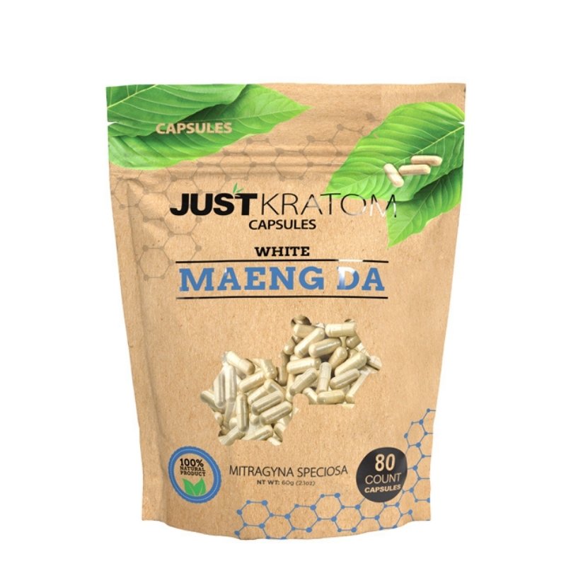 JustKratom White Maeng Da Kratom Capsules, white maeng da, kratom capsules, white maeng da kratom capsules, brown bag with green kratom leaf and blue text, mitragyna speciosa, 30 count