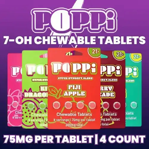 POPPi chewable 7OH tablets - colorful packages against purple background