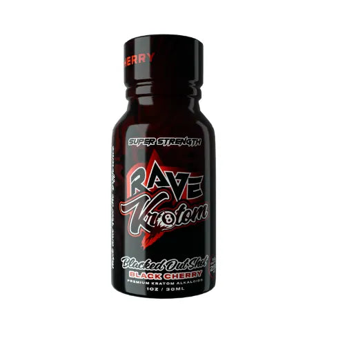 Rave Kratom - Blacked Out Shot black shot bottle with rave kratom logo and text