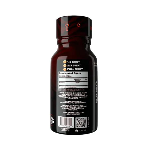 Rave Kratom - Blacked Out Shot black shot back of bottle with rave kratom logo and text