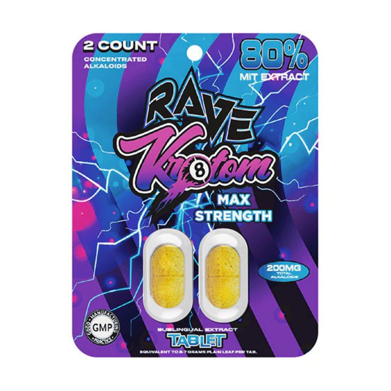 Rave Kratom - Max Strength Kratom Extract Tablets- 2 count - purple, blue and black packaging with 2 yellow tablets in center