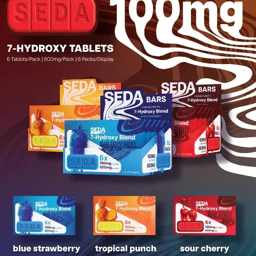 SEDA group photo with three packages of 7OH tablets against brown and gray background