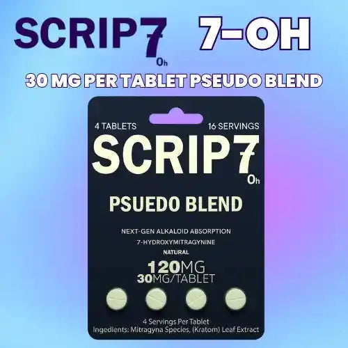 Scrip7 dark blister pack with cream lettering against blue and purple background