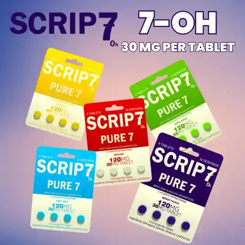 Scrip7 7OH tablets group image with five colorful blister packs
