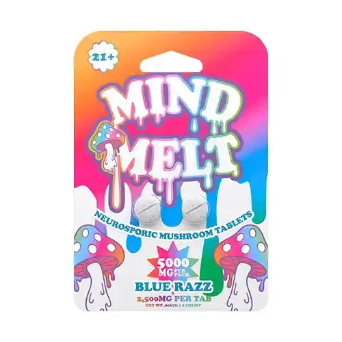 mind melt mushroom tablets blue razz flavor in orange and pink pack