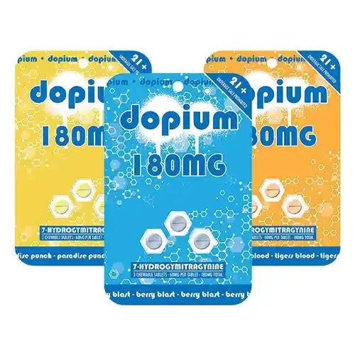 three packages of dopium 180 milligram tablets - one yellow package, one blue package, one orange package