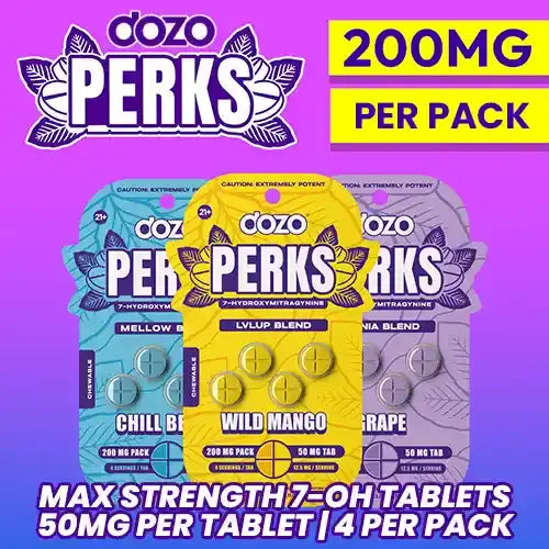 3 dozo perks blister packs against purple and lea background