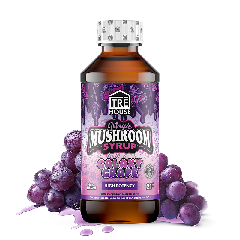 TRĒ House Magic Mushroom High Potency Syrup, mushroom syrup, magic mushroom high potency syrup, purple and brown bottle with text and grapes, galaxy grape