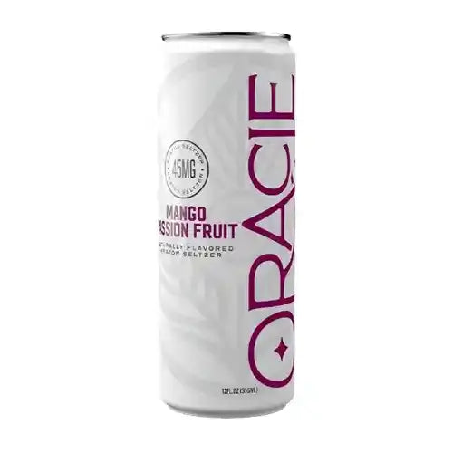 oracle mango passionfruit drink - white can with purple lettering