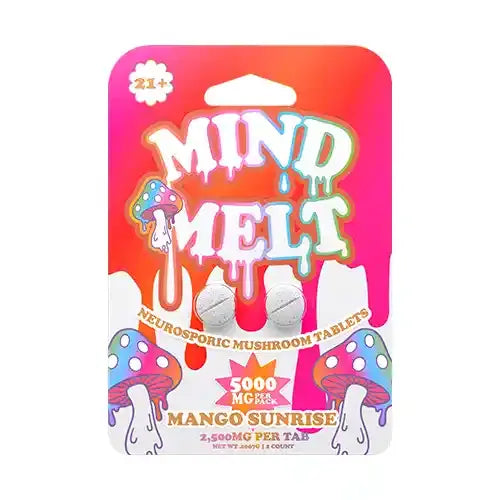 mind melt mushroom tablets mango sunrise flavor in pink and orange pack
