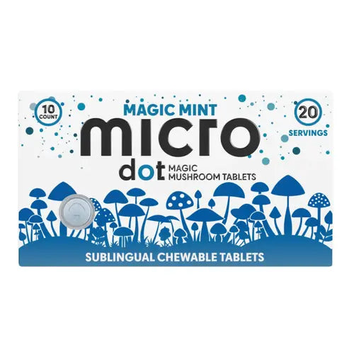 micro dot magic mint packaging - white with blue mushrooms