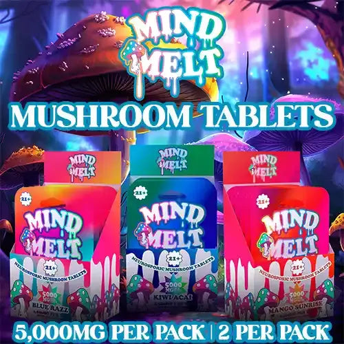 mind melt mushroom tablets group image with three packs of tablets