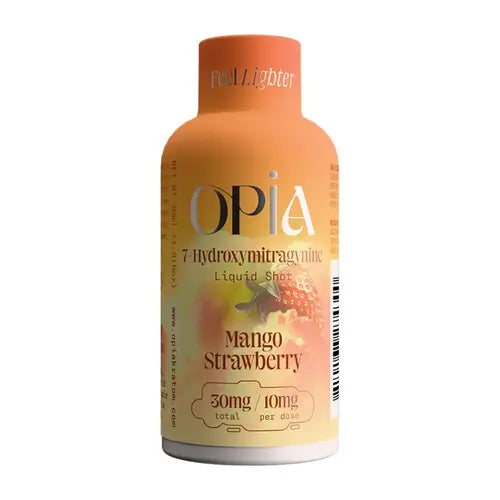 OPiA - 7-OH Liquid Kratom Shots-   Mango Strawberry orange bottle with opia logo and text
