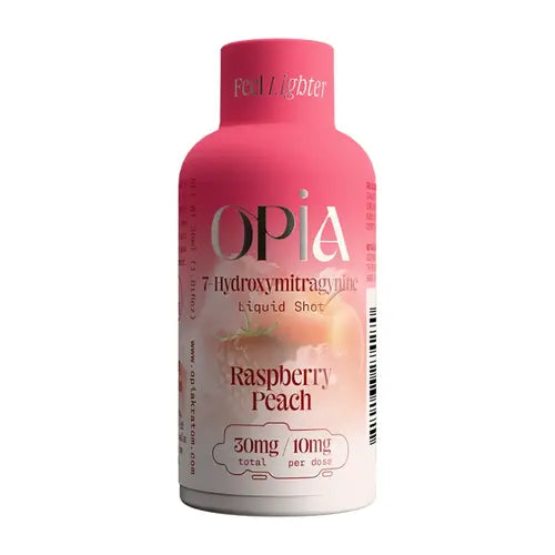 OPiA - 7-OH Liquid Kratom Shots-   Raspberry Peach pink bottle with opia logo and text