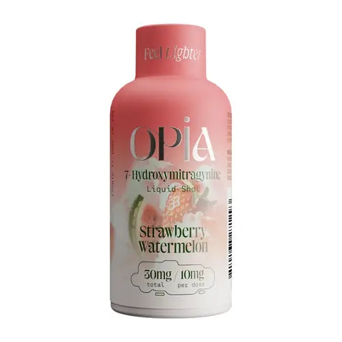 OPiA - 7-OH Liquid Kratom Shots-   Strawberry Lemonade peach bottle with opia logo and text
