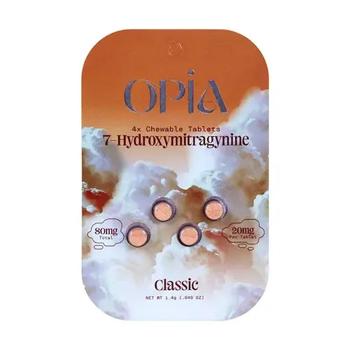 OPiA - 7-OH Chewable Kratom Tablets-   Classic orange blister pack with 4 tablets and opia logo and text