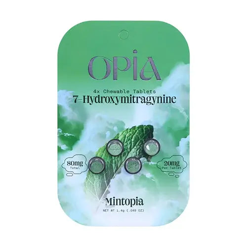 OPiA - 7-OH Chewable Kratom Tablets-   Mintopia teal blister pack with 4 tablets and opia logo and text