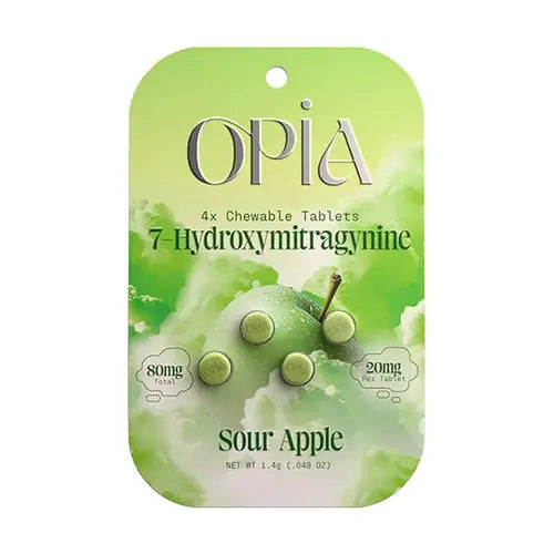 OPiA - 7-OH Chewable Kratom Tablets-   Sour Apple green blister pack with 4 tablets and opia logo and text
