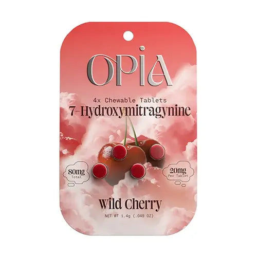 OPiA - 7-OH Chewable Kratom Tablets-   Wild Cherry red blister pack with 4 tablets and opia logo and text