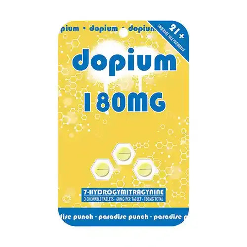 yellow blister pack of dopium 180 milligram tablets