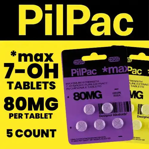 pilpac max strength 7oh tablets - 80mg each - two blister packs against yellow background
