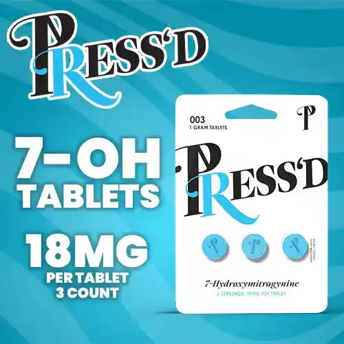 Pressd Blues 7OH Tablets - one white package with three blue tablets against bright blue background