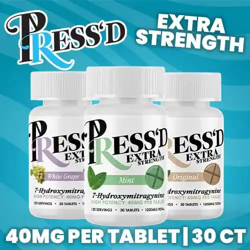 pressd - extra strength - 7OH tablets - three white bottles against bright blue background