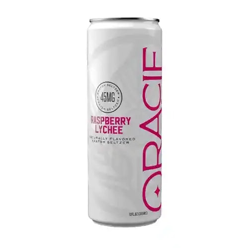 oracle raspberry lychee drink - white can with pink lettering