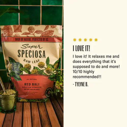 red bali kratom powder bag next to positive customer review