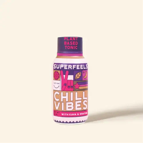 super feels tonic bottle against tan background