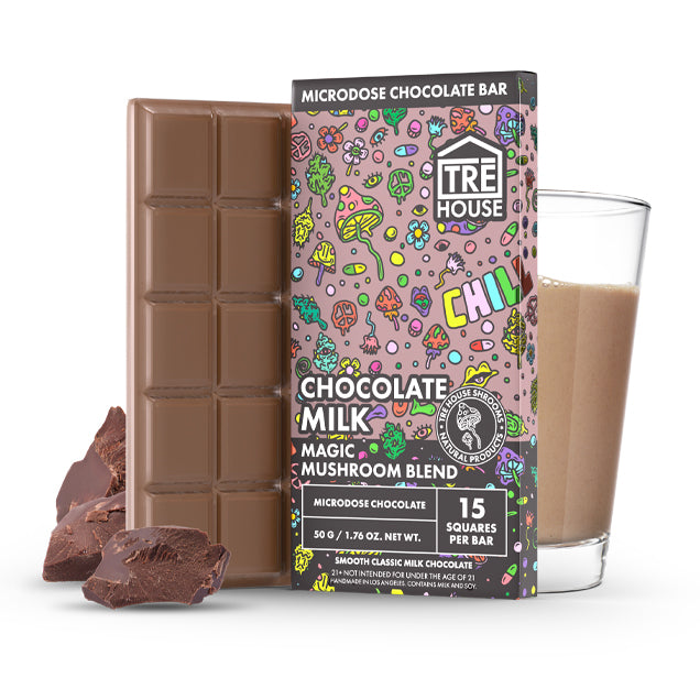 TRĒ House Magic Mushroom Chocolate Bar, mushroom chocolate bar, magic mushroom chocolate, chocolate bar with chocolate chunks next to glass of chocolate milk