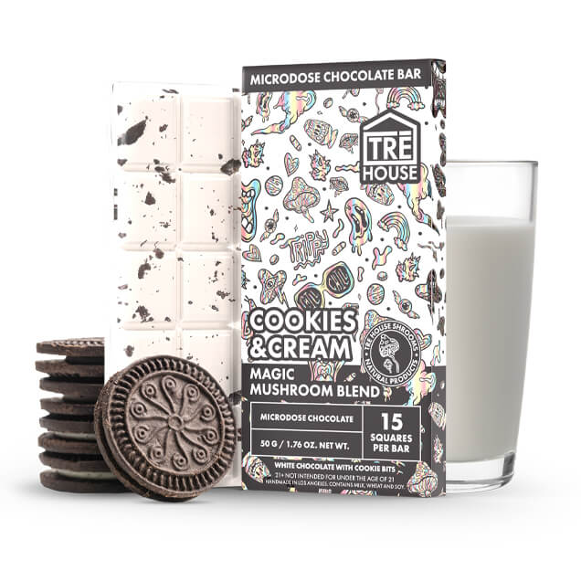 TRĒ House Magic Mushroom Chocolate Bar, mushroom chocolate bar, magic mushroom chocolate, white chocolate bar with oreos next to glass of milk