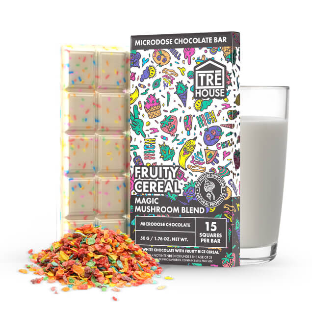 TRĒ House Magic Mushroom Chocolate Bar, mushroom chocolate bar, magic mushroom chocolate, white chocolate bar with fruity cereal next to glass of milk